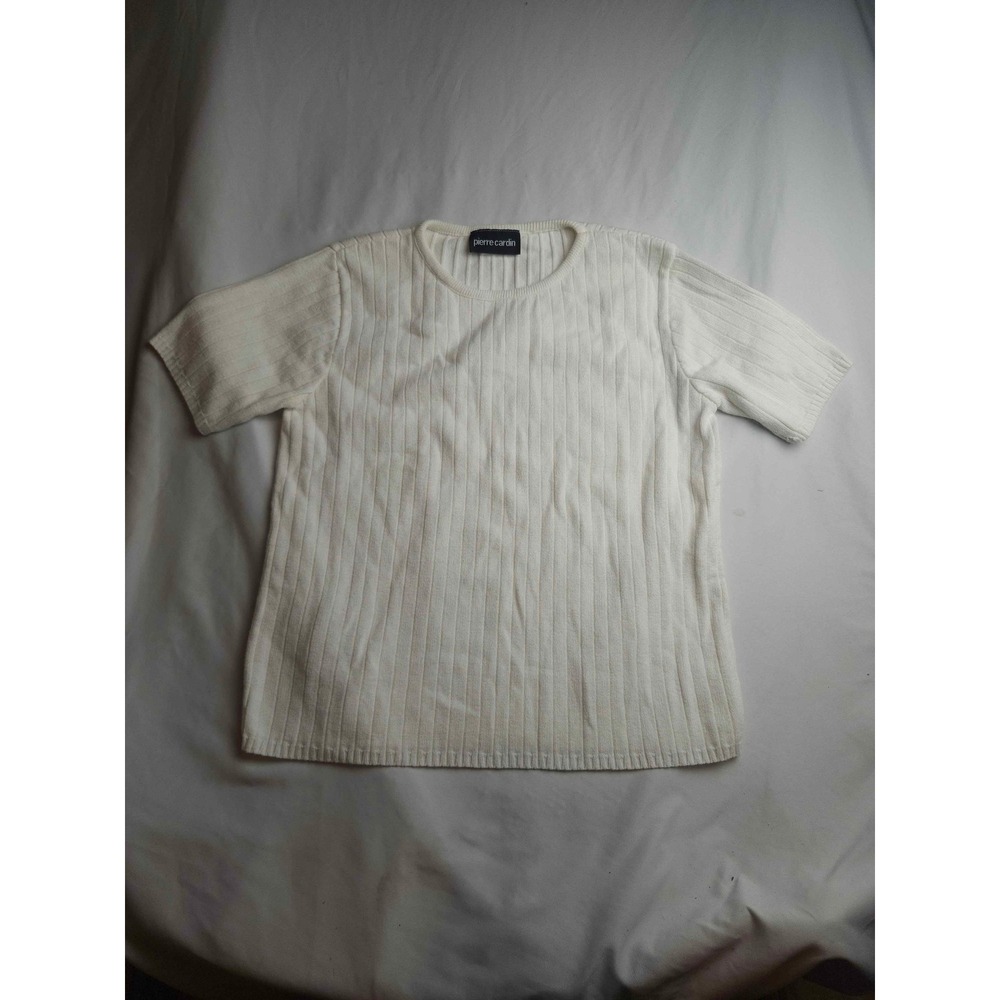 Pierre Cardin Vintage Cream White Ribbed Knit Short Sleeve Cotton Sweater Medium